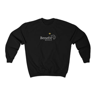 Bee Pawsitive Unisex Crewneck Sweatshirt in Black. The front of shirt features the Bee Pawsitive Benefit Beagle Logo. The back of shirt showcases a dog dressed as a bee in a field of sunflowers with "Bee Pawsitive" written above.