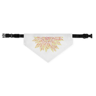 You are my Sunshine Pet Bandana Collar in White. The You are my Sunshine design features half of a sunflower made out of little paw prints. Comes with adjustable black collar.