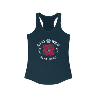 Stay Wild Women's Ideal Racerback Tank in Midnight Navy. The Stay Wild Design features a tattoo style rose with the phrase "Stay Wild, Play Hard" around it.  The back of shirt features the Stay Wild Benefit Beagle Logo Design.