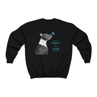 Lincoln Butterfly Unisex Crewneck Sweatshirt in Black. Shown is back of shirt design showcasing profile of a dog with a blue butterfly on its nose and the phrase "Kindness is Strength" next to it. The front of shirt has Benefit Beagle Logo kissed by a Butterfly.