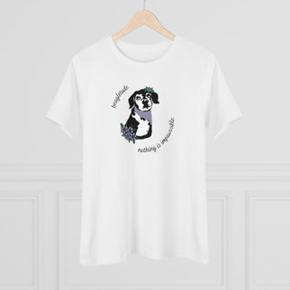 Signature Tattoo Flowers Women's Premium Tee in White. Shown is front of shirt with the Signature Tattoo Flowers design featuring a dog with flowers around it and the phrase "Beagletude" and "Nothing is Impawssible". Back of shirt features the Benefit Beagle Logo.