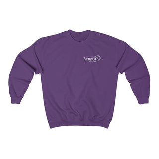 Brightest Star unisex Crewneck Sweatshirt in purple. The Brightest Star design features the Benefit Beagle logo on the top corner of the garment.