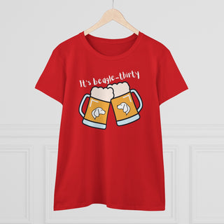 Beagle-Thirty Mugs Women's Midweight Cotton Tee in Red. The front of shirt showcases Two Dog Adorned Mugs clinking with the saying, "It's Beagle-Thirty" above it. Back of shirt features corresponding Benefit Beagle Logo.