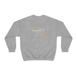 Beagle-Thirty Mugs Unisex Heavy Blend Crewneck Sweatshirt in Sport Grey. Shown is back of shirt featuring "Beagle-Thirty" Benefit Beagle Logo. The front Showcases Two Dog Adorned Mugs clinking with, "It's Beagle- Thirty" written above it.