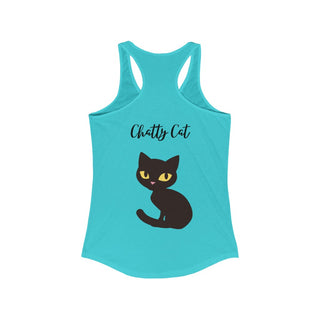 Meow Women's Racerback Tank in Tahiti Blue. Shown is back showcasing a wide eyed black cartoon cat with the phrase "Chatty Cat" above it. On front of shirt is the Benefit Beagle Logo featuring a peeping cat.