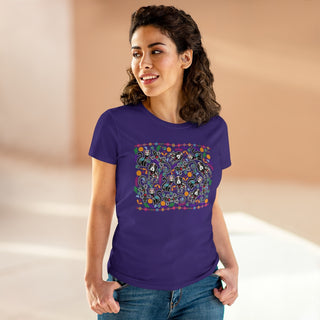 Dia De Los Muertos Women's Midweight Cotton Tee Shirt in Purple. Shown is the front of shirt featuring print of dogs and cats with Dia de los Muertos traditional decorations. On the back is a similar Benefit Beagle Logo.