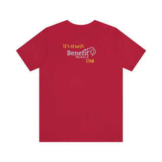 Beagle-Thirty Mugs Unisex Jersey Short Sleeve Tee in Red. Shown is back of shirt featuring  "Beagle-Thirty" Benefit Beagle Logo. The front Showcases Two Dog Adorned Mugs clinking with, "It's  Beagle- Thirty" written above it.