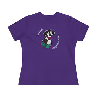 Signature Tattoo Roses Women's Premium Tee in Purple. Shown is front of shirt with the Signature Tattoo Roses design featuring a dog with roses around it and the phrase "Beagletude" and "Nothing is Impawssible". Back of shirt features the Benefit Beagle Logo.