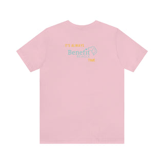 Beagle-Thirty Bottles Unisex Jersey Short Sleeve Tee in Pink. Shown is back of shirt featuring "Beagle-Thirty" Benefit Beagle Logo. The front Showcases Two Paw Labeled Bottles clinking with, "It's Beagle-Thirty" written next to it.