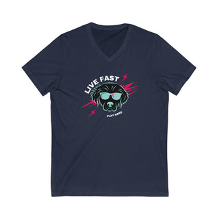 Play Hard Unisex Jersey Short Sleeve V-Neck Tee Shirt in Navy. The design features a cool dog with sunglasses and lightening bolts around it. The phrase "Live Fast, Play Hard" is around the design.