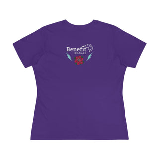 Stay Wild Women's Premium Tee in Team Purple. Shown is the back of shirt with Benefit Beagle Logo complete with Tattoo Rose. On front of shirt is Stay Wild Design featuring a tattoo style rose with the phrase "Stay Wild, Play Hard" around it.