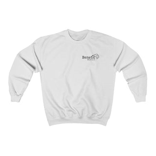 Live in the Moment Crewneck Sweatshirt in White. The Live in the Moment design features the Benefit Beagle logo in the top corner of the garment.