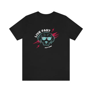 Play Hard Unisex Jersey Short Sleeve Tee Shirt in Black. The design features a cool dog with sunglasses and lightening bolts around it. The phrase "Live Fast, Play Hard" is around the design.