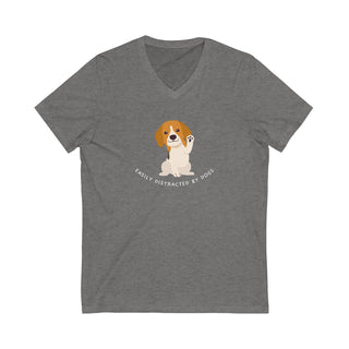 Easily Distracted Unisex Jersey Short Sleeve V-Neck Tee in Deep Heather. Shown is front design featuring a dog waving with the saying "Easily Distracted by Dogs" below it. The back of shirt has the classic Benefit Beagle Logo.