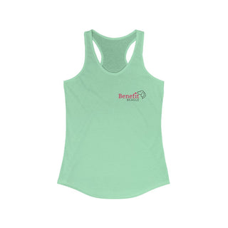 Different Pawspective Women's Racerback Tank in Mint. Shown is front of shirt with Benefit Beagle logo in the top corner . On the back is large colorful pawprint with the the phrase "Life is all about finding the beauty in a different pawspective" circled around it.