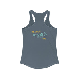 Beagle-Thirty Bottles Women's Racerback Tank in Indigo. Shown is back of shirt featuring "Beagle-Thirty" Benefit Beagle Logo. The front Showcases Two Paw Labeled Bottles clinking with, "It's Beagle-Thirty" written next to it.