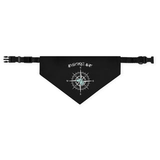 Adventures Await Dog Collar Bandana in Black. The Adventures Await design features a nautical compass with the profile of a dog in the center. Comes with adjustable black collar.