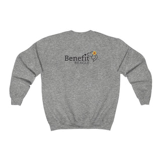 You are my Sunshine Unisex Crewneck Sweatshirt in Sport Grey. Shown is back of shirt featuring the Sunflower Benefit Beagle Logo. The front showcases a sunflower which is split down the middle and half is made out of paw prints. Underneath is the phrase "You are my Sunshine".