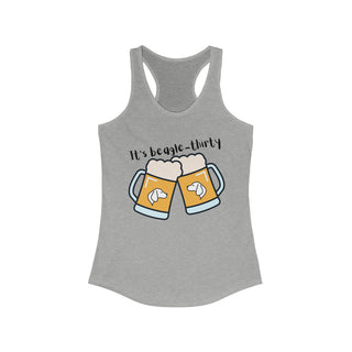 Beagle-Thirty Mugs Women's Racerback Tank in Heather Grey. The front of shirt showcases Two Dog Adorned Mugs clinking with the saying, "It's Beagle-Thirty" above it. Back of shirt features corresponding Benefit Beagle Logo.