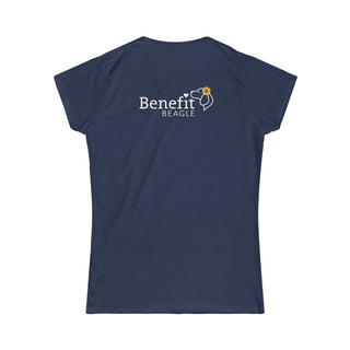 You are my Sunshine Women's Softstyle Tee in Navy. Shown is back of shirt featuring the Sunflower Benefit Beagle Logo. The front showcases a sunflower which is split down the middle and half is made out of paw prints. Underneath is the phrase "You are my Sunshine".