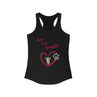 Live, Love, Beagle Women's Ideal Racerback Tank in Black. The Live, Love, Beagle design features a dog running through a heart with the phrase "Live, Love, Beagle!" above it.