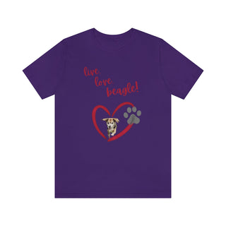 Live, Love, Beagle Unisex Jersey Short Sleeve Tee in Team Purple. The Live, Love, Beagle design features a dog running through a heart with the phrase "Live, Love, Beagle!" above it.