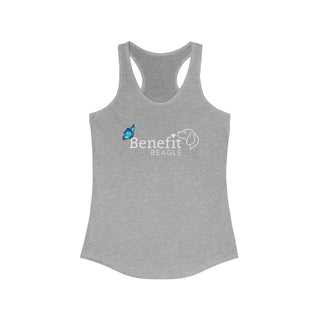 Lincoln Butterfly Women's Ideal Racerback Tank in Athletic Heather. Shown is the front of shirt with Benefit Beagle Logo kissed by butterfly. The back of shirt showcases profile of a dog with a blue butterfly on its nose and the phrase "Kindness is Strength" next to it.