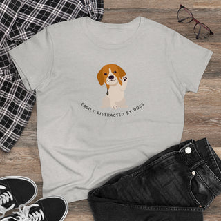 Easily Distracted Women's Midweight Cotton Tee in Team Ash. Shown is front design featuring a dog waving with the saying "Easily Distracted by Dogs" below it. The back of shirt has the classic Benefit Beagle Logo.