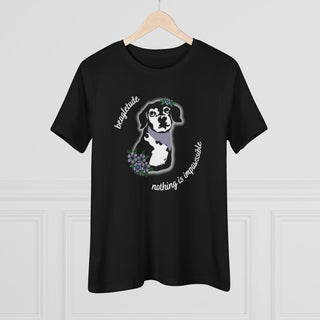 Signature Tattoo Flowers Women's Premium Tee in Black. Shown is front of shirt with the Signature Tattoo Flowers design featuring a dog with flowers around it and the phrase "Beagletude" and "Nothing is Impawssible". Back of shirt features the Benefit Beagle Logo.