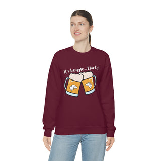 Beagle-Thirty Mugs Unisex Heavy Blend Crewneck Sweatshirt in Maroon. The front of shirt showcases Two Dog Adorned Mugs clinking with the saying, "It's Beagle-Thirty" above it. Back of shirt features corresponding Benefit Beagle Logo.