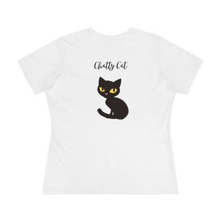 Meow Women's Premium Tee in White. Shown is back showcasing a wide eyed black cartoon cat with the phrase "Chatty Cat" above it. On front of shirt is the Benefit Beagle Logo featuring a peeping cat.