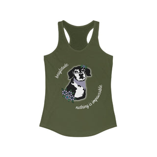 Signature Tattoo Flowers Women's Ideal Racerback Tank in Military Green. Shown is front of shirt with the Signature Tattoo Flowers design featuring a dog with flowers around it and the phrase "Beagletude" and "Nothing is Impawssible". Back of shirt features the Benefit Beagle Logo.