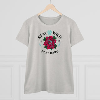 Stay Wild Women's Midweight Cotton Tee in Ash. Shown is front of Stay Wild Design features a tattoo style rose with the phrase "Stay Wild, Play Hard" around it. The back of shirt features the Stay Wild Benefit Beagle Logo Design.