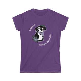 Signature Tattoo Flowers Women's Softstyle Tee in Purple. Shown is front of shirt with the Signature Tattoo Flowers design featuring a dog with flowers around it and the phrase "Beagletude" and "Nothing is Impawssible". Back of shirt features the Benefit Beagle Logo.