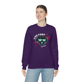 Play Hard Unisex Heavy Blend Crewneck Sweatshirt in Purple. The design features a cool dog with sunglasses and lightening bolts around it. The phrase "Live Fast, Play Hard" is around the design.