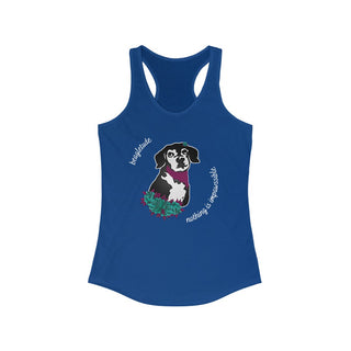 Signature Tattoo Roses Women's Ideal Racerback Tank in Royal. Shown is front of shirt with the Signature Tattoo Roses design featuring a dog with flowers around it and the phrase "Beagletude" and "Nothing is Impawssible". Back of shirt features the Benefit Beagle Logo.