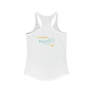 Beagle-Thirty Bottles Women's Racerback Tank in White. Shown is back of shirt featuring "Beagle-Thirty" Benefit Beagle Logo. The front Showcases Two Paw Labeled Bottles clinking with, "It's Beagle-Thirty" written next to it.