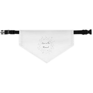 Live in the Moment Dog Collar Bandana in White. The Live in the Moment design features the the phrase "Live in the Moment" surrounded by a circle of shooting stars. Comes with adjustable black collar.