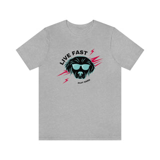 Play Hard Unisex Jersey Short Sleeve Tee Shirt in Athletic Heather. The design features a cool dog with sunglasses and lightening bolts around it. The phrase "Live Fast, Play Hard" is around the design.