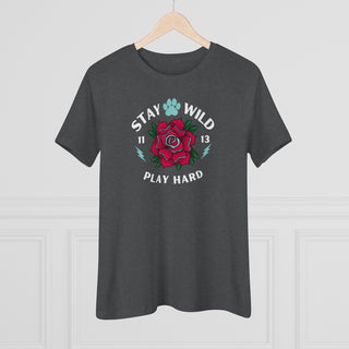 Stay Wild Women's Premium Tee in Asphalt. Shown is front of Stay Wild Design features a tattoo style rose with the phrase "Stay Wild, Play Hard" around it. The back of shirt features the Stay Wild Benefit Beagle Logo Design.