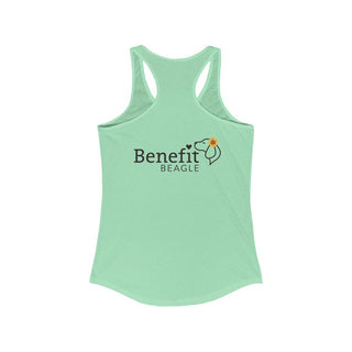 You are my Sunshine Women's Racerback Tank in Mint. Shown is back of shirt featuring the Sunflower Benefit Beagle Logo. The front showcases a sunflower which is split down the middle and half is made out of paw prints. Underneath is the phrase "You are my Sunshine".