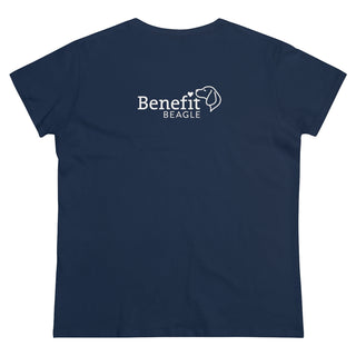 Easily Distracted Women's Midweight Cotton Tee in Navy. Shown is back design with the classic Benefit Beagle Logo. The front design features a dog waving with the saying "Easily Distracted by Dogs" below it.