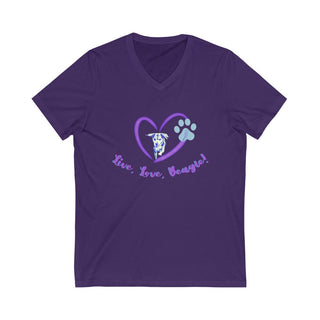 Live, Love, Beagle Unisex V-Neck Tee in Team Purple. The Live, Love, Beagle design features a dog running through a heart with the phrase "Live, Love, Beagle!" under it.