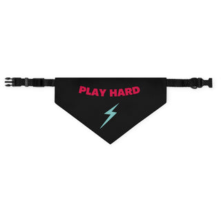 Play Hard Dog Collar Bandana in Black. The Play Hard design features the phrase "Play Hard" with a lightening bolt under it. Comes with adjustable black collar.