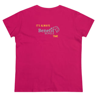 Beagle-Thirty Bottles Women's Midweight Cotton Tee in Heliconia Pink. Shown is back of shirt featuring "Beagle-Thirty" Benefit Beagle Logo. The front Showcases Two Paw Labeled Bottles clinking with, "It's Beagle-Thirty" written next to it.