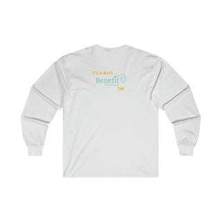 Beagle-Thirty Bottles Unisex Ultra Cotton Long Sleeve Tee in White. Shown is back of shirt featuring "Beagle-Thirty" Benefit Beagle Logo. The front Showcases Two Paw Labeled Bottles clinking with, "It's Beagle-Thirty" written next to it.