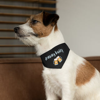 Dog wearing Beagle-Thirty Mugs Dog Collar Bandana in Black. The Beagle-Thirty Mugs design features two dog adorned mugs clinking with the saying "Drinking buddy" above it. Comes with adjustable black collar.