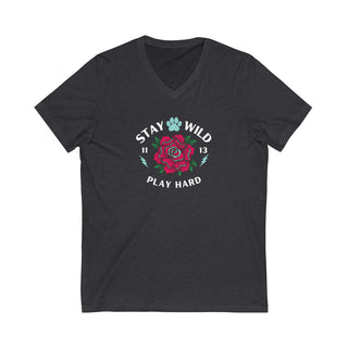 Stay Wild Unisex Jersey Short Sleeve V-Neck Tee in Asphalt. The Stay Wild Design features a tattoo style rose with the phrase "Stay Wild, Play Hard" around it. The back of shirt features the Stay Wild Benefit Beagle Logo Design.