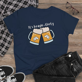 Beagle-Thirty Mugs Women's Midweight Cotton Tee in Navy. The front of shirt showcases Two Dog Adorned Mugs clinking with the saying, "It's Beagle-Thirty" above it. Back of shirt features corresponding Benefit Beagle Logo.