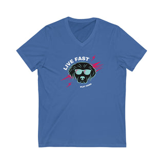 Play Hard Unisex Jersey Short Sleeve V-Neck Tee Shirt in True Royal. The design features a cool dog with sunglasses and lightening bolts around it. The phrase "Live Fast, Play Hard" is around the design.